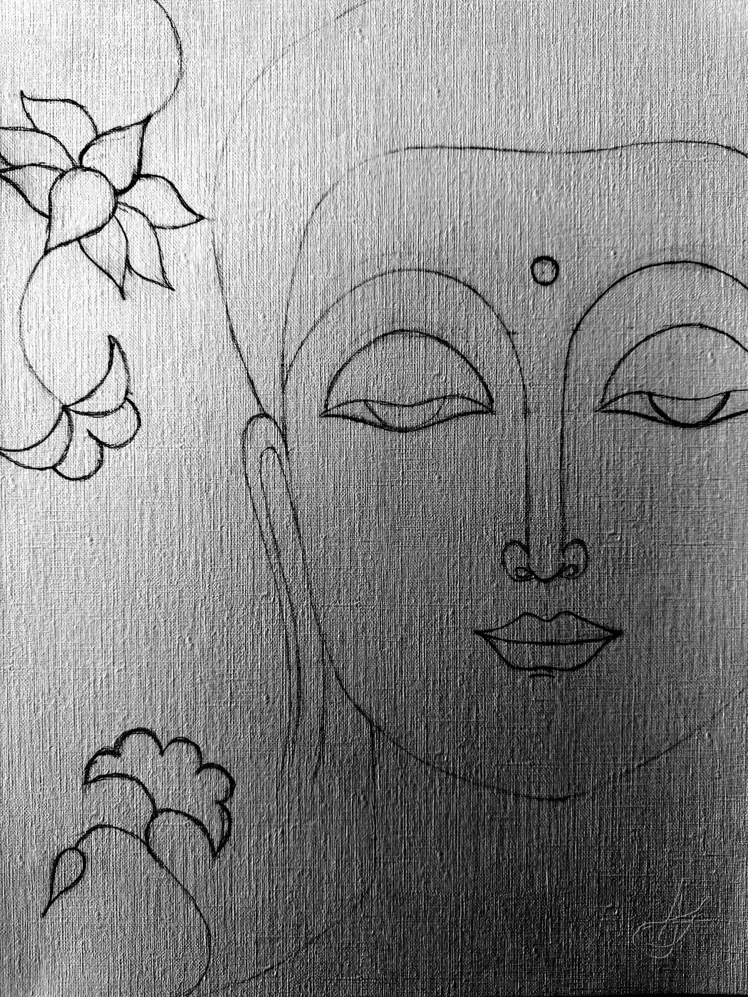 The Buddha, serene, drawn in graphite