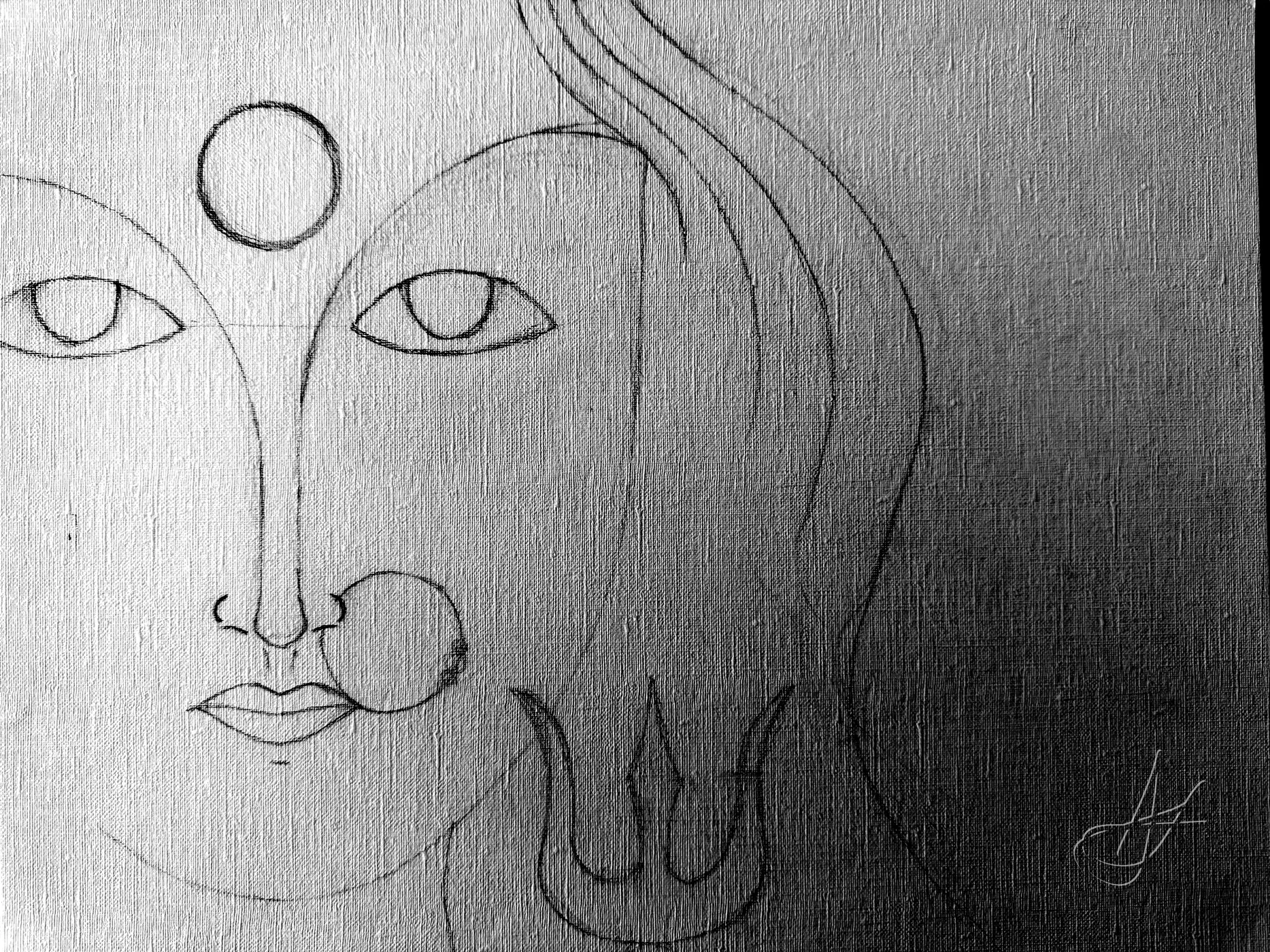 Durga with her third eye and trident, drawn in graphite