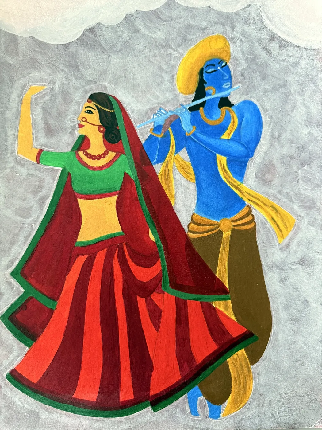 Radha and Krishna dancing, painted in gouache