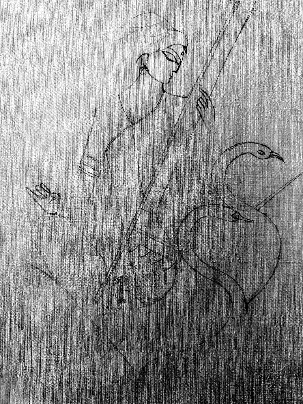 Saraswati with her veena and peacock, drawn in graphite