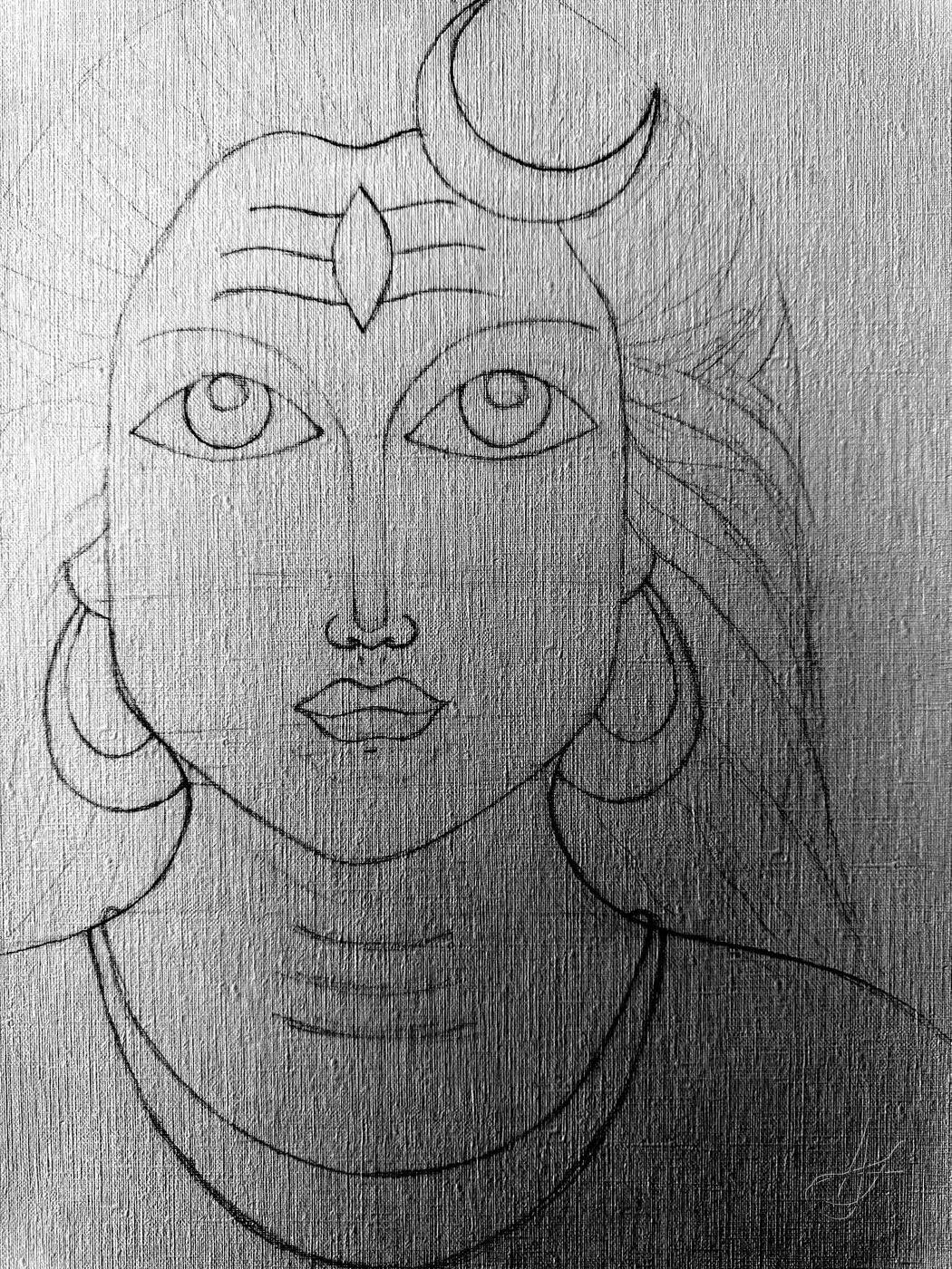 Shiva with the crescent moon and third eye, drawn in graphite