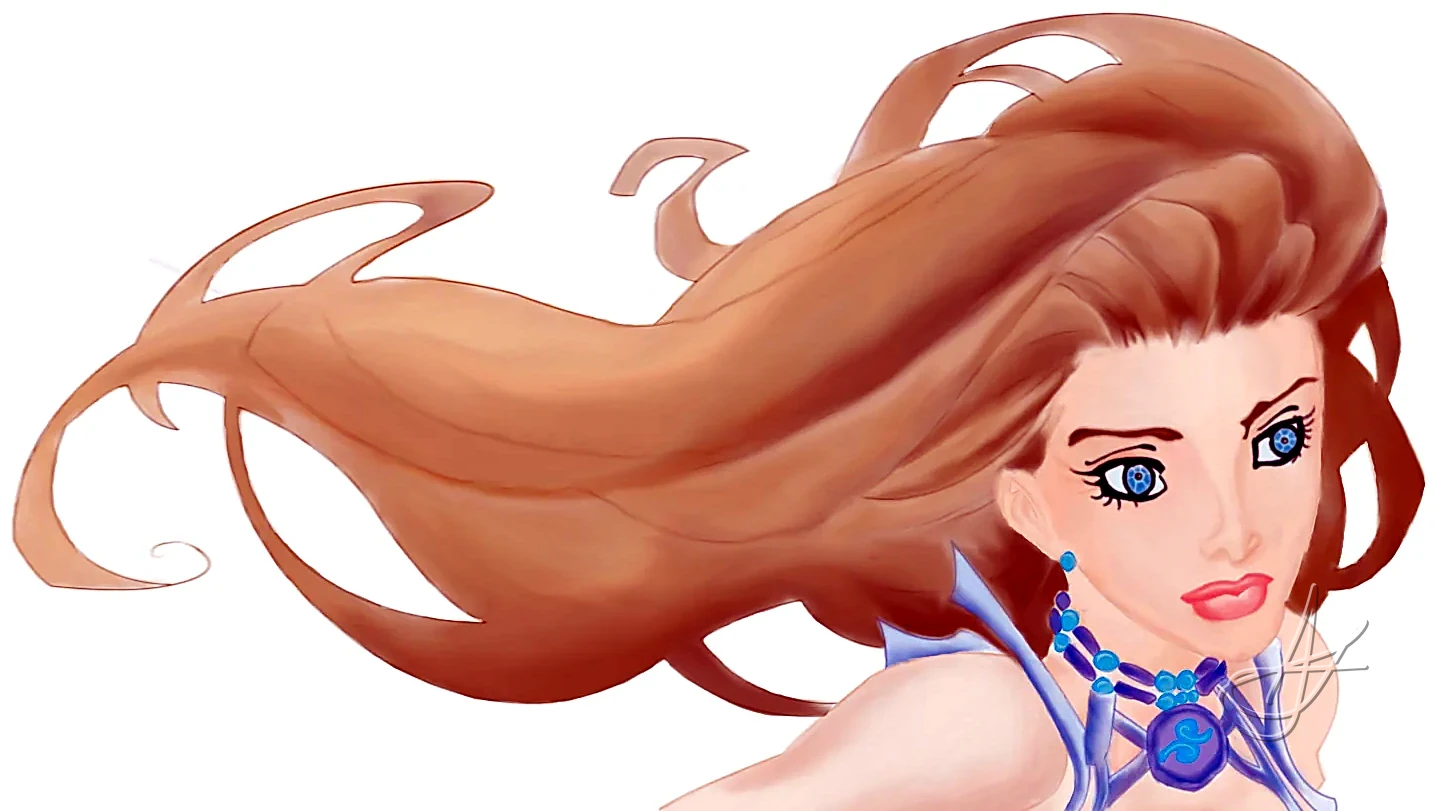 A woman with long hair streaming in the wind