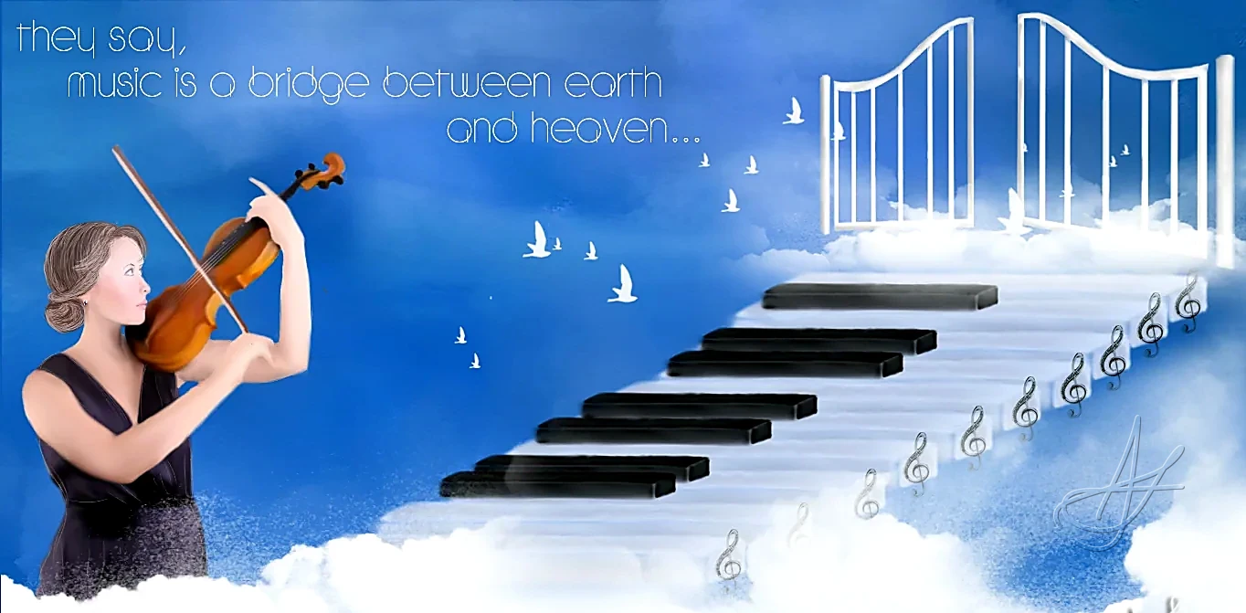 A violinist on the clouds, piano keys rising like a stairway to a gate of light