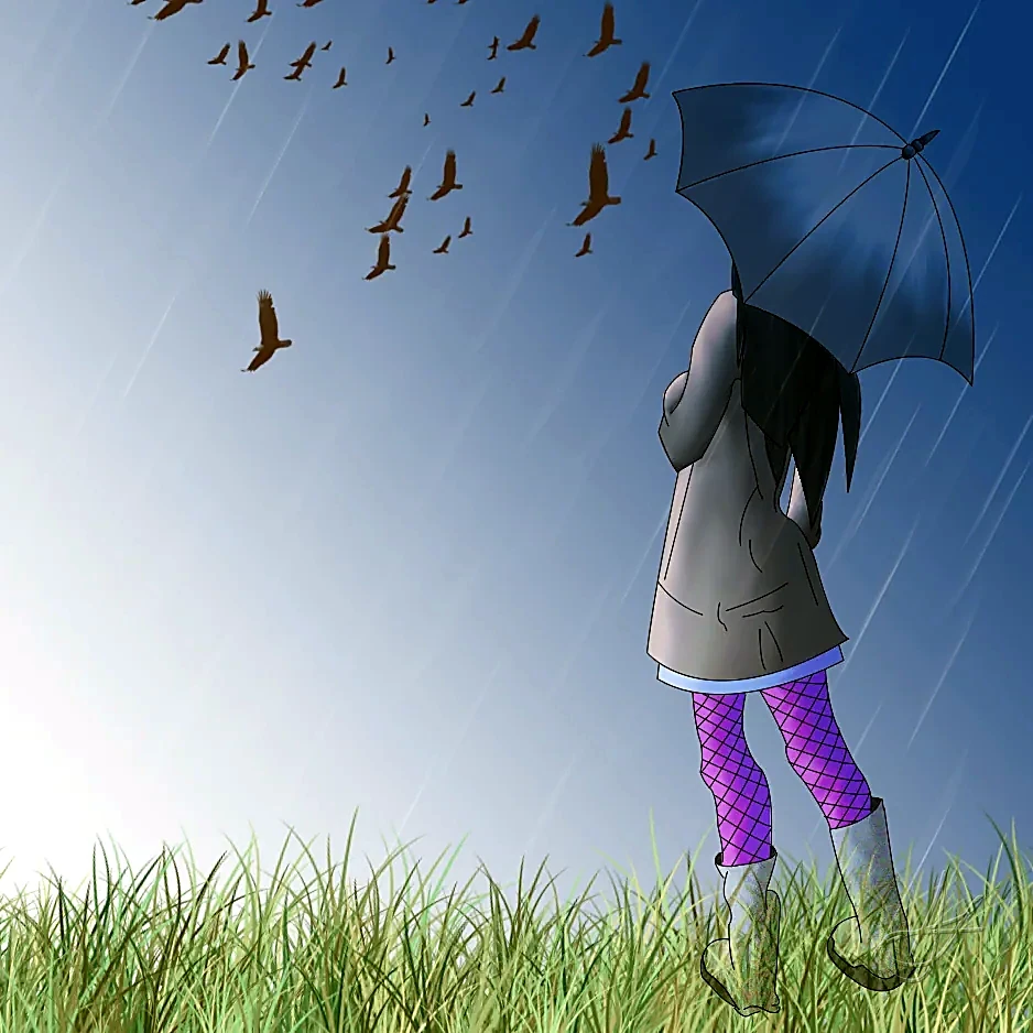 A girl under an umbrella in the rain