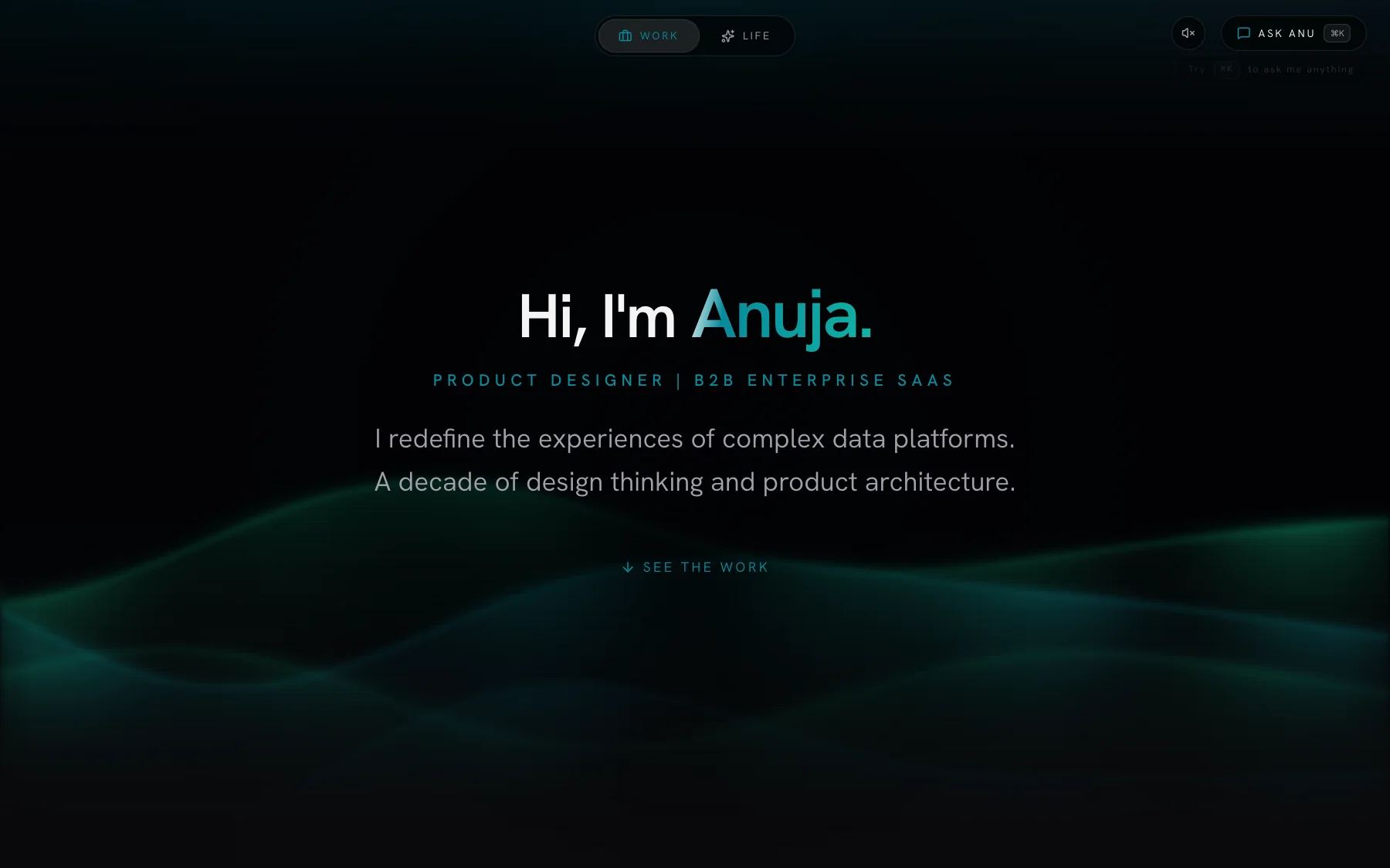 anujaharsha.com — the enterprise portfolio home, teal ocean hero